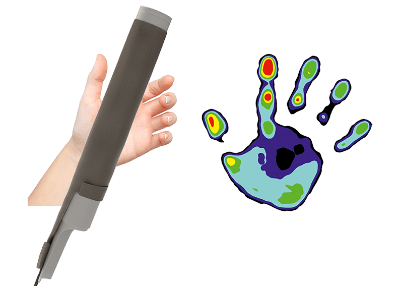 Hand gripping a manugraphy cylinder alongside a hand pressure map