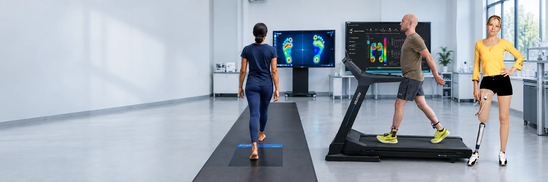 Composite lab scene showing emed barefoot pressure assessment, pedar in-shoe treadmill measurement and pliance prosthetic socket sensors