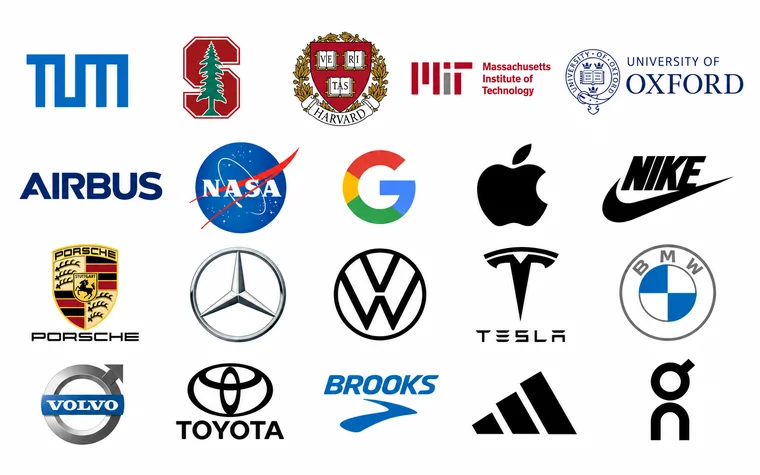 User logos: TUM, Stanford, Harvard, MIT, University of Oxford, Airbus, NASA, Google, Apple, Nike, Porsche, Mercedes-Benz, Volkswagen, Tesla, BMW, Volvo, Toyota, Brooks, Adidas and On Running